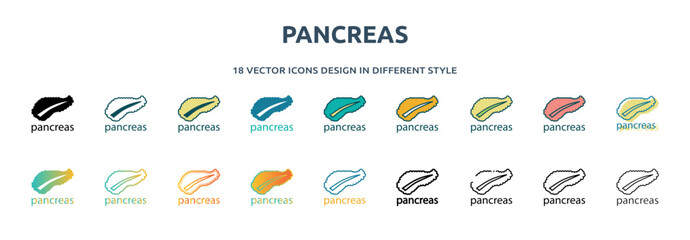 pancreas icon in 18 different styles such as thin line, thick line, two color, glyph, colorful, lineal color, detailed, stroke and gradient. set of pancreas vector for web, mobile, ui - obrazy, fototapety, plakaty