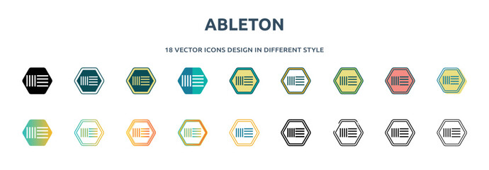 ableton icon in 18 different styles such as thin line, thick line, two color, glyph, colorful, lineal color, detailed, stroke and gradient. set of ableton vector for web, mobile, ui