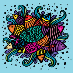 Fototapeta na wymiar Fishes doodle ornament decorative illustration