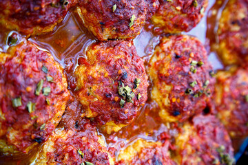 Appetizing fresh meatballs in tomato sauce. Meat dish meatballs in traditional sauce. Meatballs in...