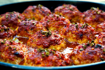 Appetizing fresh meatballs in tomato sauce. Meat dish meatballs in traditional sauce. Meatballs in...
