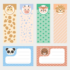 Vector cute baby bookmarks with giraffe, cow, deer and lion 