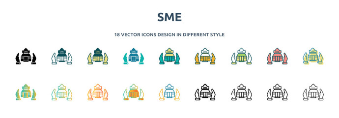 sme icon in 18 different styles such as thin line, thick line, two color, glyph, colorful, lineal color, detailed, stroke and gradient. set of sme vector for web, mobile, ui