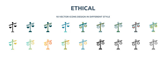 ethical icon in 18 different styles such as thin line, thick line, two color, glyph, colorful, lineal color, detailed, stroke and gradient. set of ethical vector for web, mobile, ui