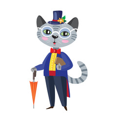 Cute gray cat with an umbrella and a hat.