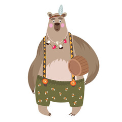 Brown bear character with a barrel of honey.