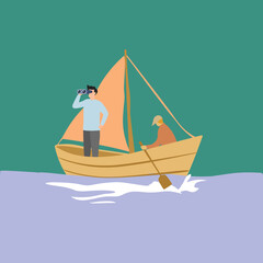 Simple Vector illustration background about young male team member take a boat heading to an island while the leader navigates them using binocular. Teamwork concept. Modern design vector illustration