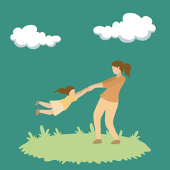 Simple Vector illustration background about Family parenthood concept. Young happy mom raising and turning her daughter around up in the air at home vector graphic illustration. Modern design vector