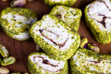 soft Turkish delight confection with pistachio nuts and chocolate
