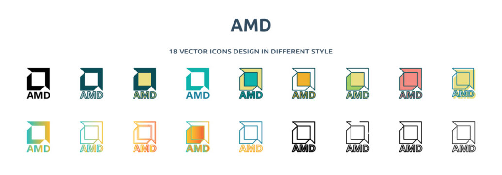 amd icon in 18 different styles such as thin line, thick line, two color, glyph, colorful, lineal color, detailed, stroke and gradient. set of amd vector for web, mobile, ui