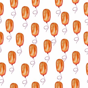 Watercolor orange balloons flying on white background. Seamless pattern. Elongated shape.