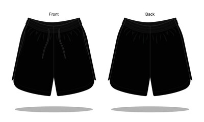 Blank black shorts pants gym, running has an inner lining fabric template on white background. Front and back views, vector file.