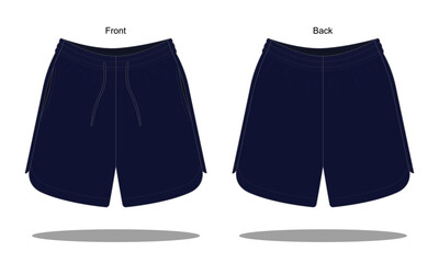 Blank Navy Blue Shorts Pants Running Template on White Background. Front and Back View, Vector File.