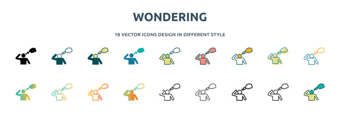 wondering icon in 18 different styles such as thin line, thick line, two color, glyph, colorful, lineal color, detailed, stroke and gradient. set of wondering vector for web, mobile, ui