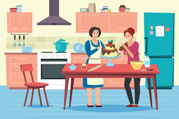 family cooking. parents preparing food on kitchen interior. Vector female cook