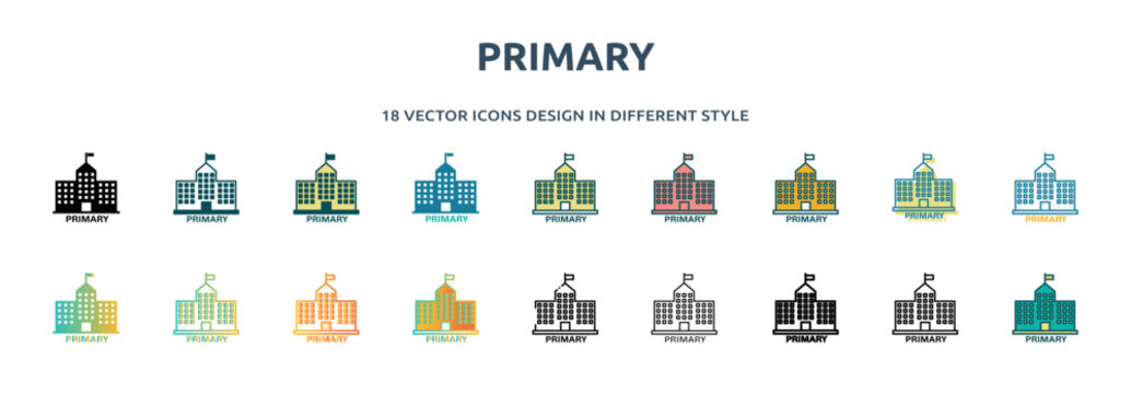 Primary Icon In 18 Different Styles Such As Thin Line, Thick Line, Two Color, Glyph, Colorful, Lineal Color, Detailed, Stroke And Gradient. Set Of Primary Vector For Web, Mobile, Ui