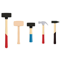 Set of Hammers,  sledge hammer, hammer, wooden mallet, carpenter hammer. Builder tools with wooden handle and metal base