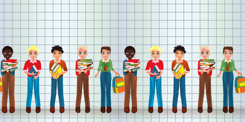 Obraz premium Back to school, young friend boy and girl in school uniform. seamless pattern. vector illustration 