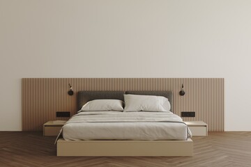 3d render of a minimalistic classic style bedroom, decorative wall relief, wooden parquet, bedside cabinets  and reading lamps, decoration. Mockup frame	