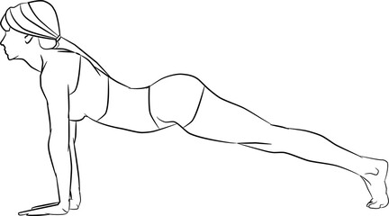 Young woman doing plank exercise and yoga practice. Person meditating and relaxing. Harmony, balance and awareness concept. Flat illustration isolated on white background.