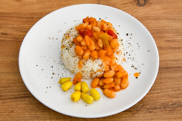 Traditional delicious Turkish food; Turkish style rice pilaf (Turkish name; Arpa sehriyeli. tavuklu, kuru fasulyeli, kavurmali pirinc pilavi)