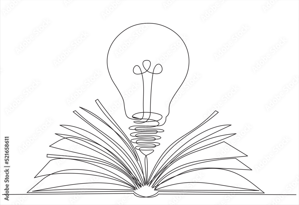 Poster one single line drawing of shining light bulb above open text book logo identity. continuous line dr