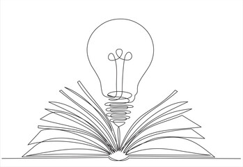 One single line drawing of shining light bulb above open text book logo identity. continuous line draw design graphic vector illustration - obrazy, fototapety, plakaty