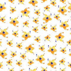 Watercolor hand painted flower in yellow and blue national Ukrainian colors on white seamless background. Splashes.