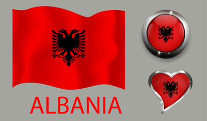 set nation Albania flag glossy button heart