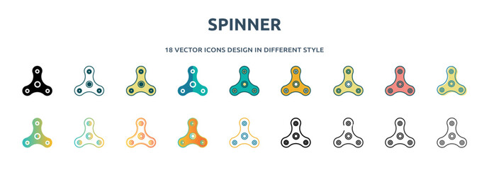 spinner icon in 18 different styles such as thin line, thick line, two color, glyph, colorful, lineal color, detailed, stroke and gradient. set of spinner vector for web, mobile, ui