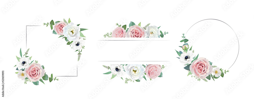 Wall mural watercolor vector flower frames set. garden pink roses, white anemones, lisanthus, seeded eucalyptus - Wall murals