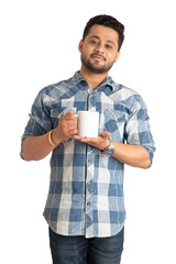 Handsome smiling man with cup of coffee or tea isolated on white background