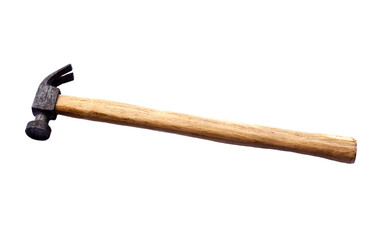 Hammer with wooden handle on white background.  Concept : Carpenter's equipment. Build, fix , repair tool, hit nails.   