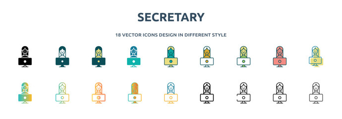 secretary icon in 18 different styles such as thin line, thick line, two color, glyph, colorful, lineal color, detailed, stroke and gradient. set of secretary vector for web, mobile, ui - obrazy, fototapety, plakaty