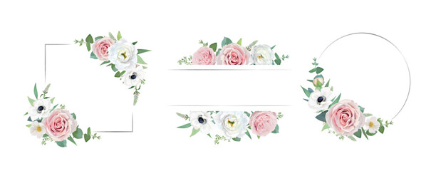 Watercolor vector flower frames set. Garden pink roses, white anemones, lisanthus, seeded eucalyptus branches and greenery leaves. Wedding invite, save the date, greeting card editable template design