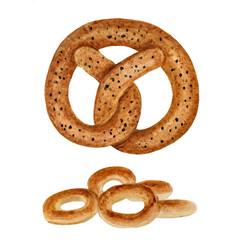 Watercolor illustration of pretzel and bagels. The hand-drawing icon of pastries or bakery products. Transparent background