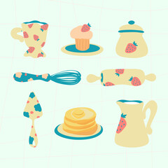 Pancakes, muffin bakery vector elements. Teapot, kitchenware tools, cup, jar, milk. Village style. Old fashioned cook book design.