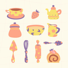Strawberry cake roll bakery vector elements. Teapot, kitchenware tools, cup, jar. Village style. Old fashioned cook book design.