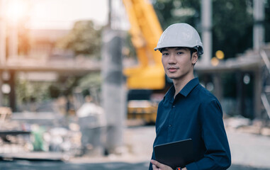 Handsome Male foreman engineer wearing helmet controls and maintains the operation project system.