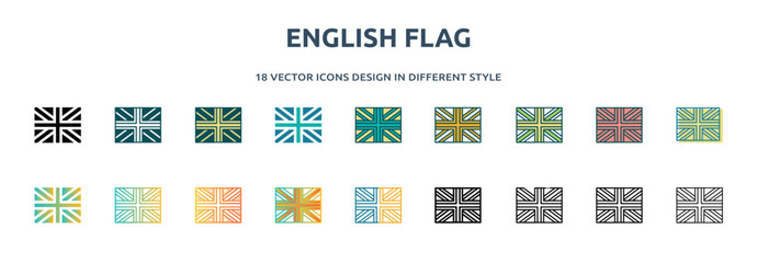 english flag icon in 18 different styles such as thin line, thick line, two color, glyph, colorful, lineal color, detailed, stroke and gradient. set of english flag vector for web, mobile, ui