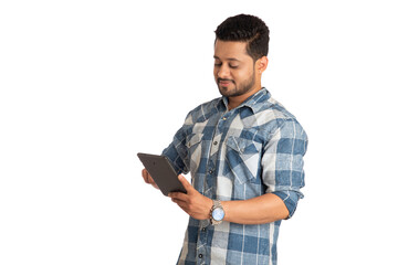 Young handsome man holding and using smartphone or mobile or tablet phone on a white background