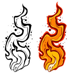 Cartoon hand drawn burning orange fire flames. Isolated on white background. Power, fuel and energy symbol. Layered vector icon set.