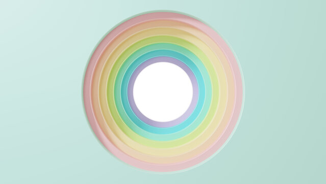 3d circle donut shape pastel rainbow at center of mint green background. Cute colorful round step pastel rainbow. LGBT flag rainbow color. Tunnel of soft sweet color banner. 3d render illustration.