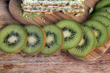 fresh and sweet green cake with sliced green kiwi fruit