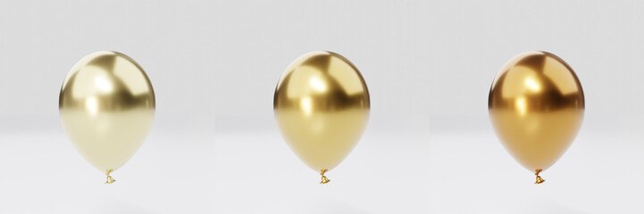 Three golden shades of balloons. Festive balls for decoration of the event. 3d rendering.