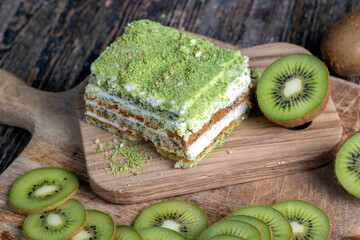 fresh and sweet green cake with sliced green kiwi fruit