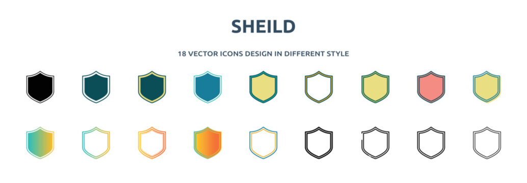 sheild icon in 18 different styles such as thin line, thick line, two color, glyph, colorful, lineal color, detailed, stroke and gradient. set of sheild vector for web, mobile, ui