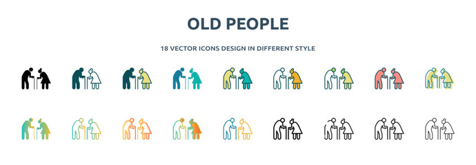 old people icon in 18 different styles such as thin line, thick line, two color, glyph, colorful, lineal color, detailed, stroke and gradient. set of old people vector for web, mobile, ui