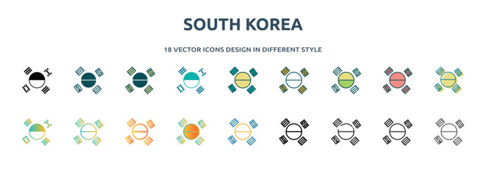 south korea icon in 18 different styles such as thin line, thick line, two color, glyph, colorful, lineal color, detailed, stroke and gradient. set of south korea vector for web, mobile, ui