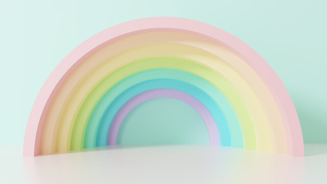 3d cute rainbow tunnel on pastel mint, green or blue backdrop with reflect on white floor. Colorful pastel rainbow arch. 3d rendering illustration. LGBT flag rainbow color. Easter banner concept.
